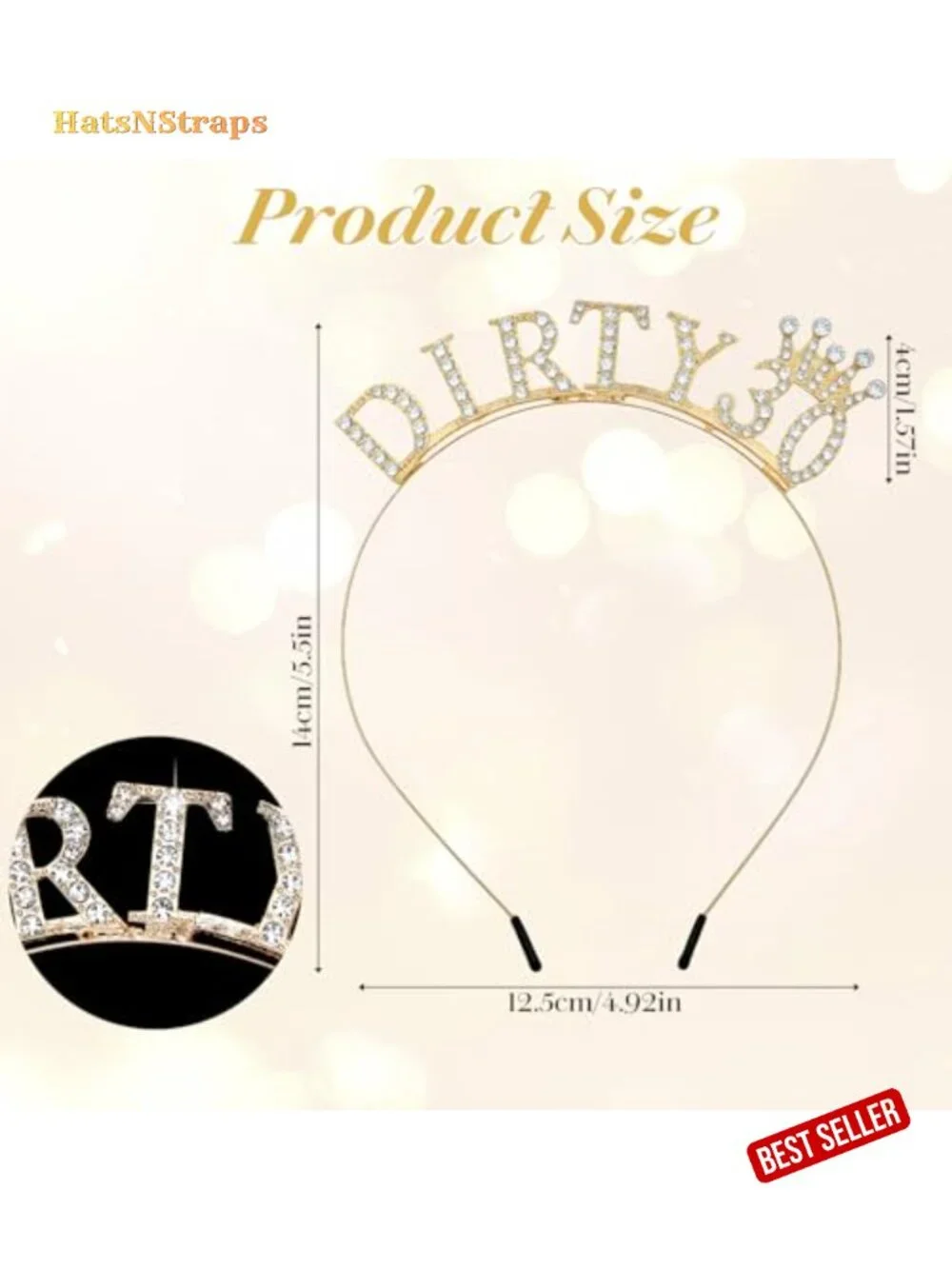 30th Birthday Tiara Headband, Gold Rhinestone Crown Headband for Women,